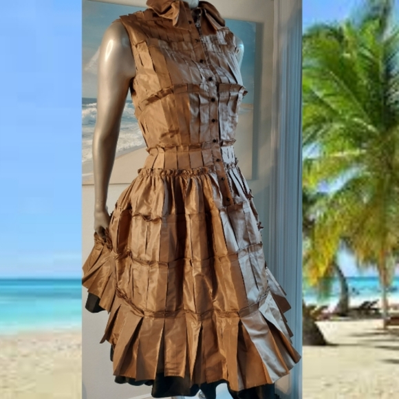*$4,000 OSCAR DE LA RENTA BEAUTIFUL BRONZE PLEADED SILK RUNWAY DRESS US M - Picture 7 of 13